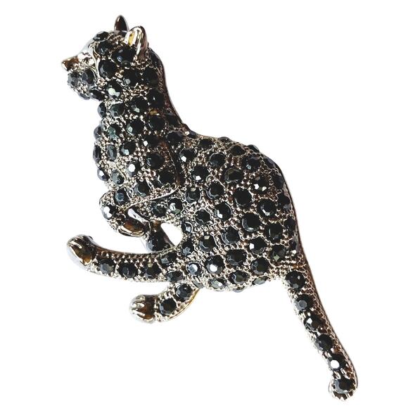 Black Rhinestone Brooch Figural Running Cat Silver Tone Sparkly Costume Jewelry - Picture 1 of 10